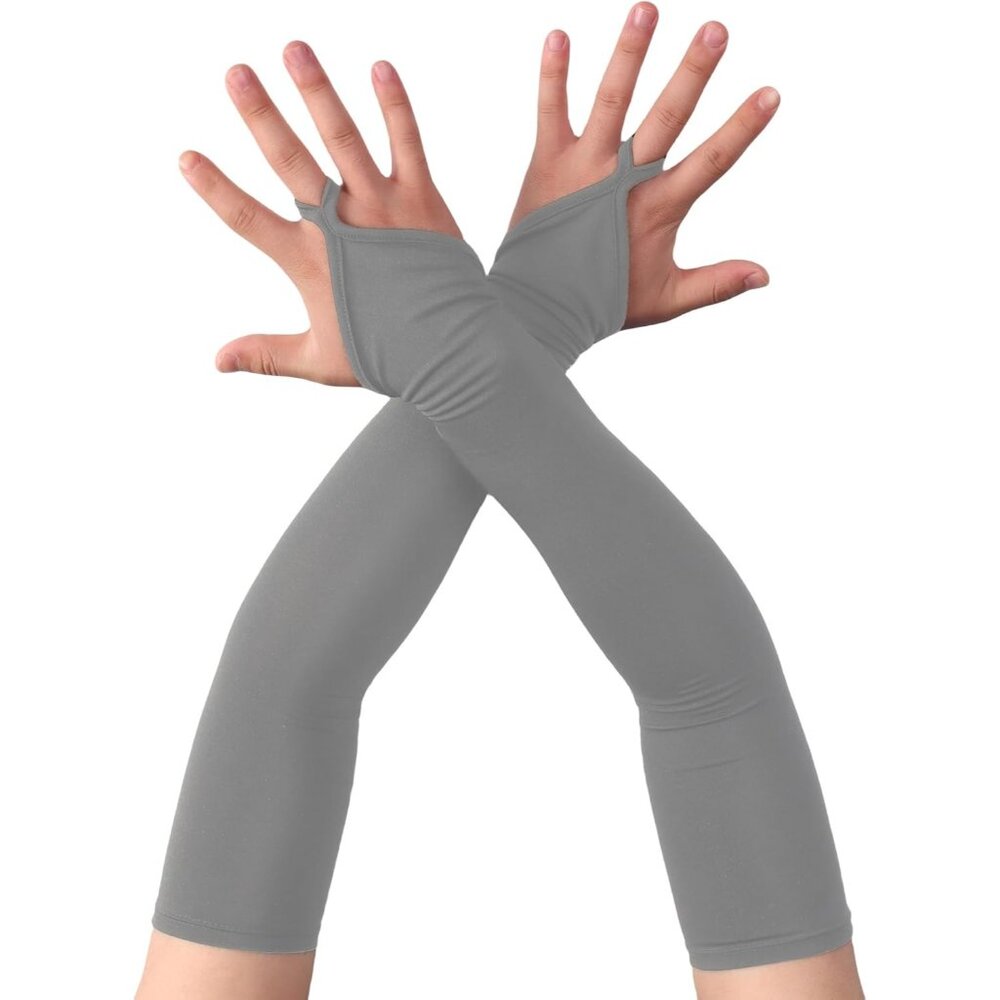 Women's Gray Finger Loop Fingerless Satin Long Gloves Halloween Party Costume